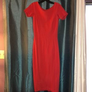 Red, low back, body con midi dress from Zara.